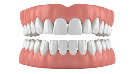Isolated set of dentures, prosthetic teeth, or false teeth, full set on top and bottom jaws