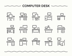 Compter Desk icon set. Pc icon set. Thin icons set. Included electronic, tablet, equipment, pc, desktop, technology, laptop and more. Vector illustration.