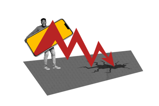 Creative collage young shocked man holding smartphone touchscreen dynamic arrow stats crack economy loss bankruptcy business failure