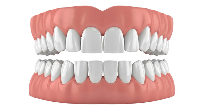 Isolated set of dentures, prosthetic teeth, or false teeth, full set on top and bottom jaws