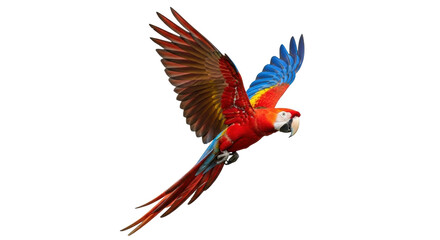 Isolated Scarlet Macaw in Flight with Spread Wings, Flying Bright Red Exotic Parrot © Sophia