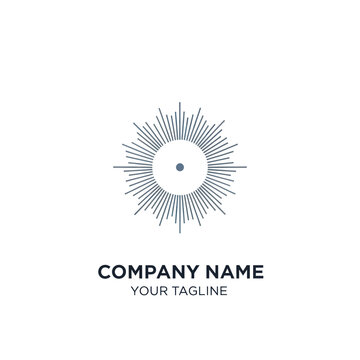 Abstract radial burst logo design with central circle and dot.