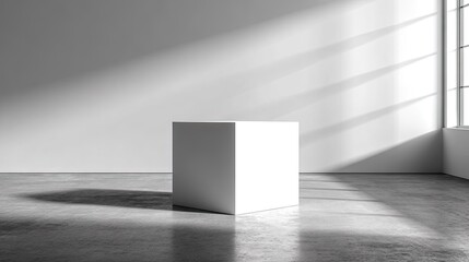 Minimalist white cube displayed in empty room with sunlight and shadow