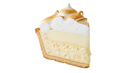 Isolated slice of lemon meringue pie featuring toasted meringue and flaky crust on a plate