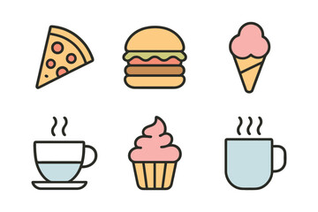 Collection of colorful flat icons representing popular fast food and sweet treats