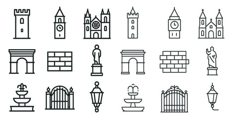 Historical architecture outline icons set &ndash; linear, building, landmark symbols