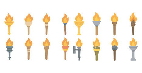 Fototapeta premium Torch icons set - flat, filled, fire and flame design elements