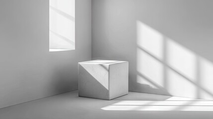 Minimalist white cube on display in bright room with window light