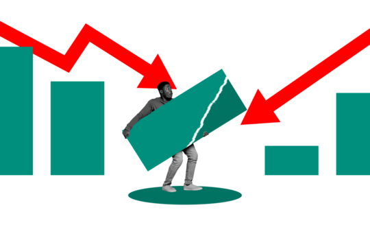 Composite photo collage of astonished american guy hold chart element arrow down bankrupt recession down isolated on painted background