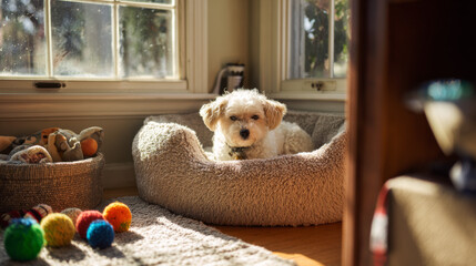 A small, fluffy dog resting in its bed surrounded by toys in a sunlit room, creating a warm and cozy atmosphere. 