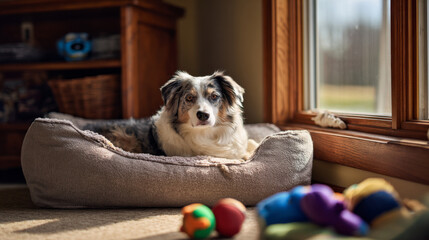 An Shepherd dog resting in a cozy dog bed surrounded by toys, illuminated by sunlight streaming through the window.