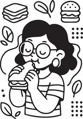 Fototapeta premium Yum Moment – Cartoon Girl Enjoying Sandwich Line Art