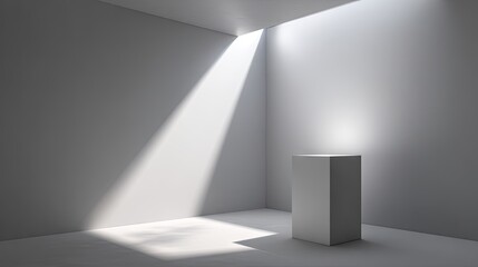 Minimalist white room with dramatic sunlight and empty pedestal