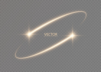 A golden glowing ring on an elliptical orbit with two starbursts and a soft glow on a transparent background. A vector swirl for luxury branding, beauty product headers, banners, and UI overlays.