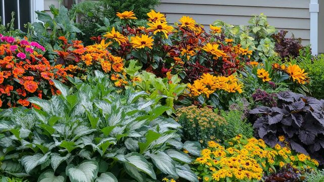 A lush, vibrant flower bed brimming with colorful assorted perennial plants