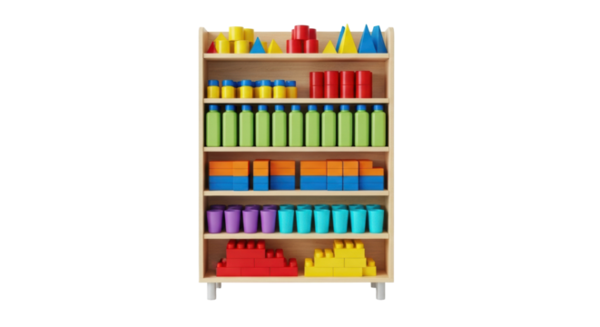 Isolated wooden shelf with colorful blocks on display ready for purchase stock photo