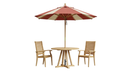 Isolated outdoor patio set featuring round table and two chairs with red and cream umbrella