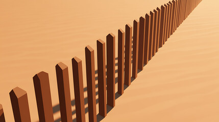 Endless row of wooden stakes under sunlight, contrasting shadows against a desert-like landscape. A conceptual border line stretching into the distance.