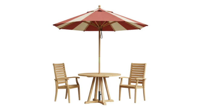 Isolated outdoor patio set featuring round table and two chairs with red and cream umbrella