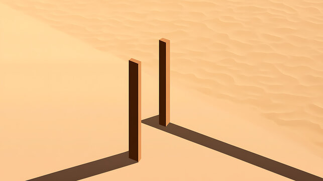 Minimalist desert scene: Two vertical structures stand amidst sand dunes. Shadows add depth in the hot landscape. The warm color palette evokes serenity.