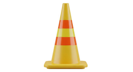 Isolated yellow traffic cone with orange stripes, barrier for construction and work zones