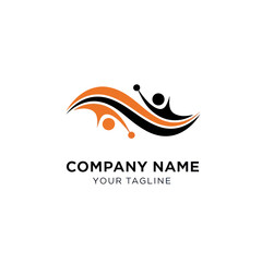 Abstract human figure logo with dynamic orange and black swooshes.