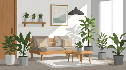 Minimalist Living Room Interior with Abundant Houseplants