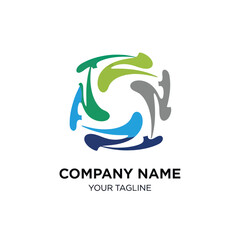 Abstract Circular Logo Design with Swirling Shapes in Blue, Green, and Gray.