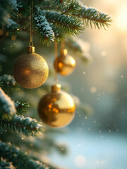 Obraz premium Tranquil scene of golden Christmas decoration balls in winter snow branch