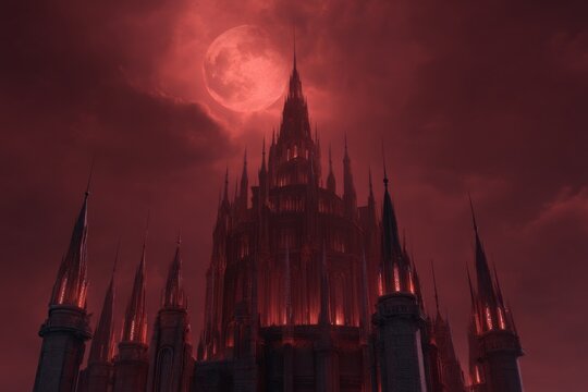 Dark Gothic Castle Under Blood Red Moon with Spires and Dramatic Sky Background in Fantasy Scene - Powered by Adobe