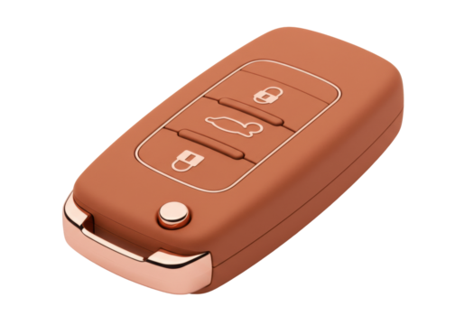 Isolated view of brown car key with buttons for lock and unlock functionality, realistic look