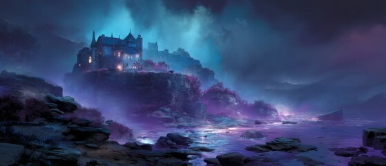 Fototapeta premium Mystical Gothic Castle by the Sea Under a Moonlit Sky with Dark Clouds and Atmospheric Fog