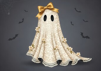Illustration of cute ghost costume with lace, flowers and bow for halloween celebration