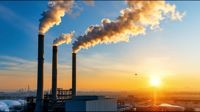 Climate change mitigation carbon emissions policy. Industrial smokestacks releasing emissions at sunset.	