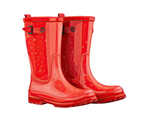 A pair of glossy red rubber boots with buckles, rendered in a vibrant, illustrative style against a black background