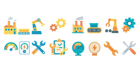 Manufacturing and industry icons set &ndash; flat, filled, factory and production symbols