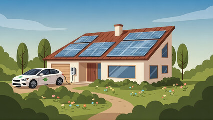 Eco-Friendly House with Solar Panels and Electric Car Charging