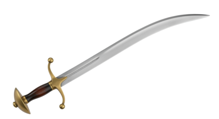 Isolated, curved, light-metal sword with decorative hilt; ancient and historical combat tool
