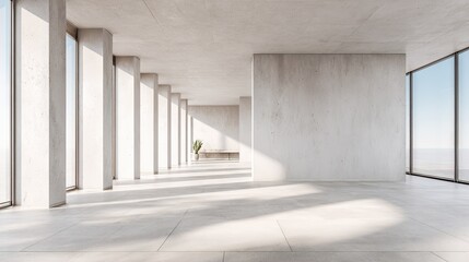 Modern architectural interior with large windows and concrete pillars