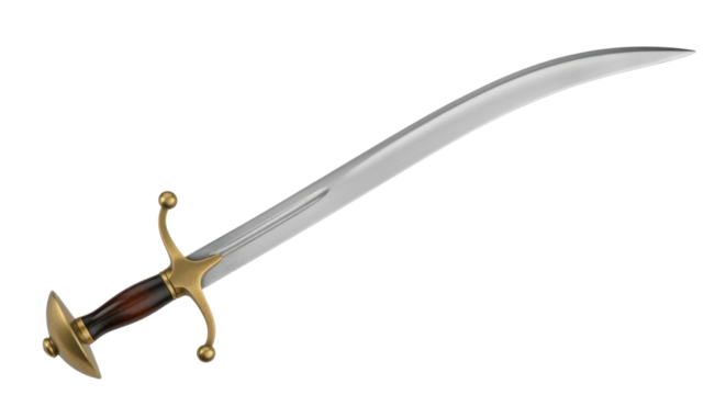 Isolated, curved, light-metal sword with decorative hilt; ancient and historical combat tool