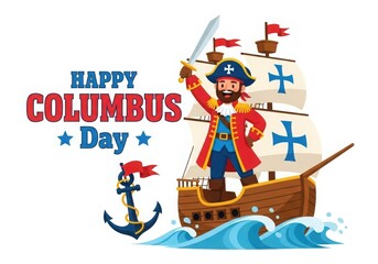 Illustration of happy columbus day with a pirate on a ship isolated on white background