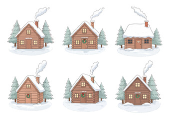 Fototapeta premium A set of 6 cute Christmas stickers featuring a cozy wooden winter cabin — small log cabin with Christmas wreath on the door, smoke coming from chimney, pine trees covered in snow, pastel tones