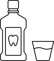 Mouthwash Bottle with cup. Mouth wash bottle outline. Vector of Dental hygiene products. mouthwash bottle and glass cup. 