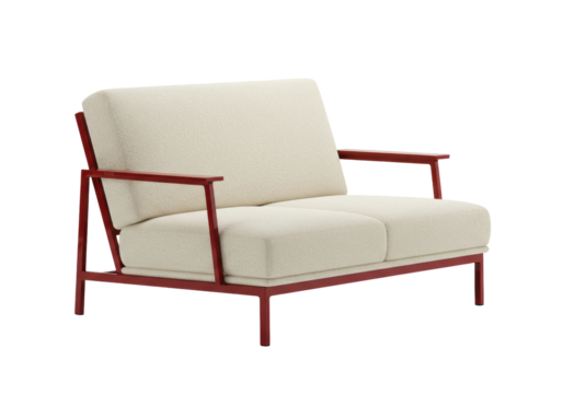 Isolated modern minimalist sofa on neutral with red frame seating for living area decor
