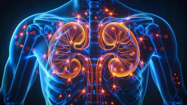 Futuristic Medical Illustration of Human Kidneys Highlighting Anatomy and Biological Functions