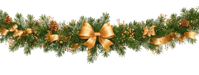 A festive garland of evergreen branches adorned with golden bows, ribbons, and pinecones