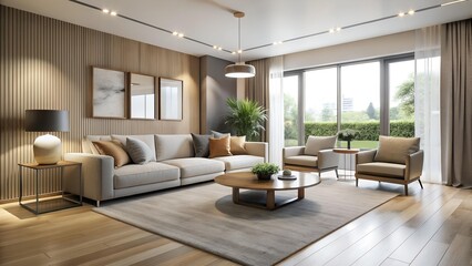 Fototapeta premium The image portrays a modern living room with stylish furniture and a neutral color