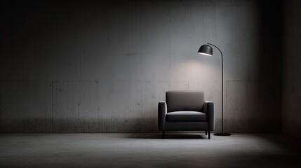 Modern armchair and lamp against textured wall in a dim interior setting