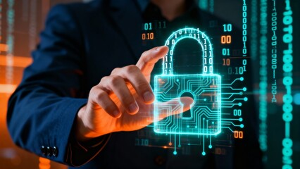 Digital security and cybersecurity concept with a padlock and binary code