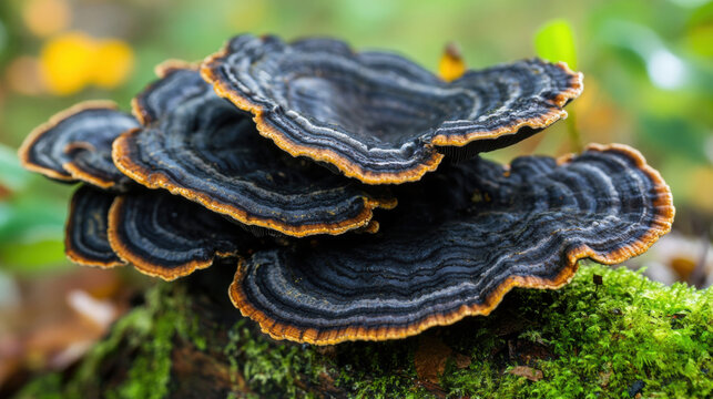Close-up of a vibrant turkey tail mushroom growing in a forest environment. the intricate details and natural beauty of a turkey tail fungus in its native habitat.